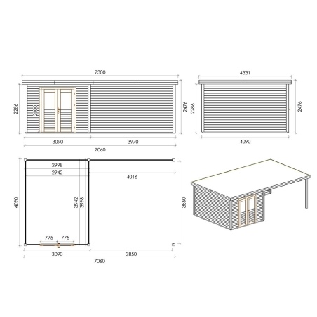 Gartenhaus, Gerätehaus Aura 7.06x4.09m - 28.87m2 - 28mm - Imprägniert