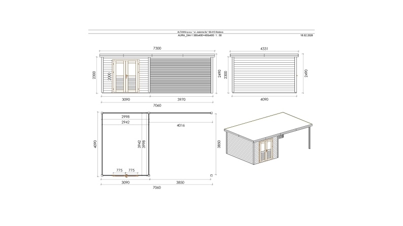 Gartenhaus, Gerätehaus Aura 7.06x4.09m - 28.87m2 - 28mm - Imprägniert