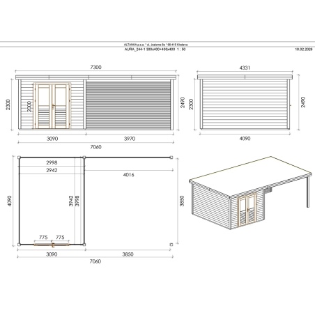 Gartenhaus, Gerätehaus Aura 7.06x4.09m - 28.87m2 - 28mm - Imprägniert