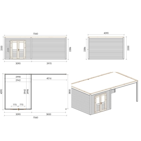 Gartenhaus, Gerätehaus Sora 7.06x4.09m - 28.87m2 - 28mm - Imprägniert