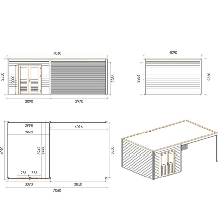 Gartenhaus, Gerätehaus Sora 7.06x4.09m - 28.87m2 - 28mm - Imprägniert