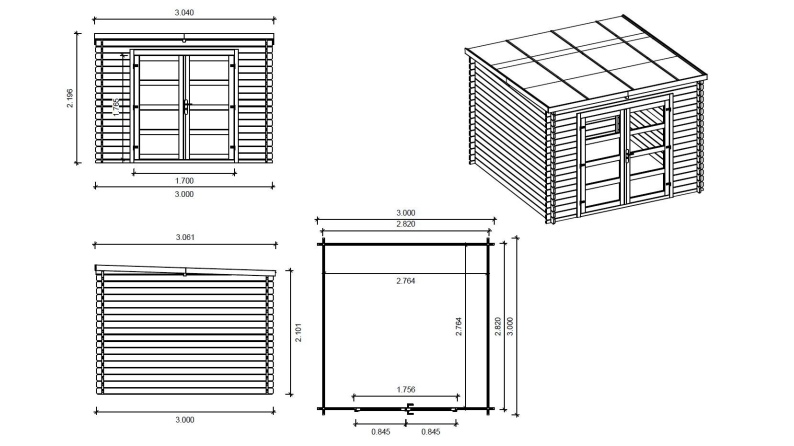 Gartenhaus, Gerätehaus 9m2 - 3x3m - 28mm - Imprägniert