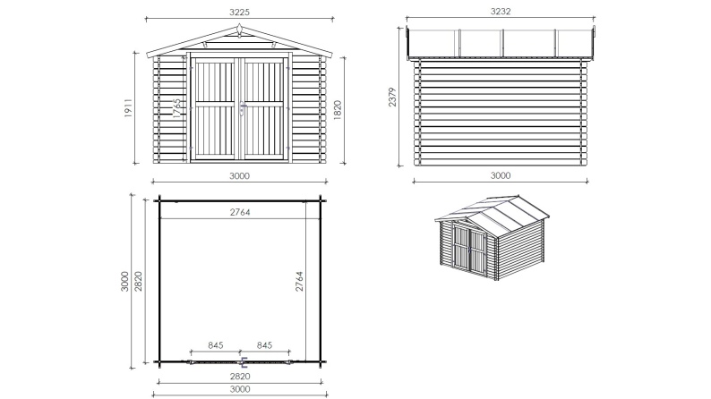Gartenhaus, Gerätehaus 9m2 - 3x3m - 28mm - Imprägniert