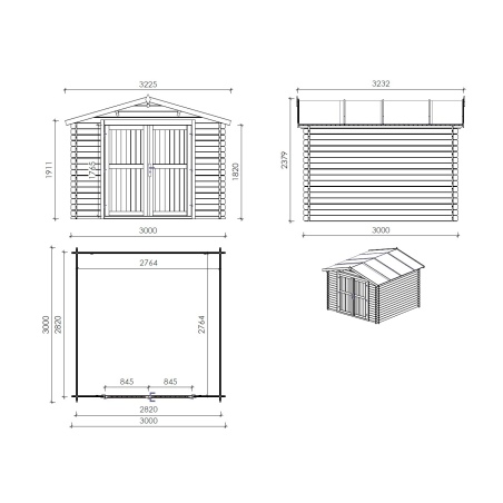 Gartenhaus, Gerätehaus 9m2 - 3x3m - 28mm - Imprägniert