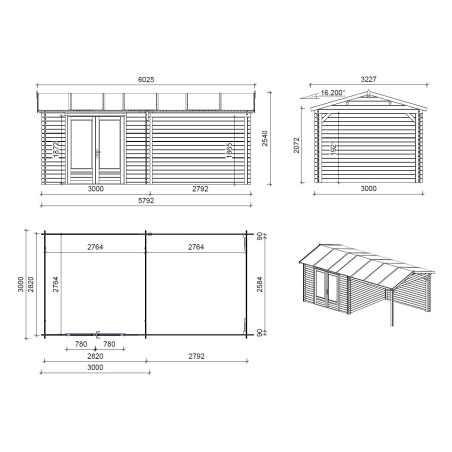 Gartenhaus, Gerätehaus 17.4m2 - 5.79x3m - 28mm