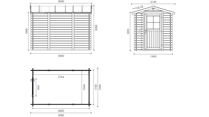 Gartenhaus, Gerätehaus 5.7m2 - 1.9x3m - 28mm