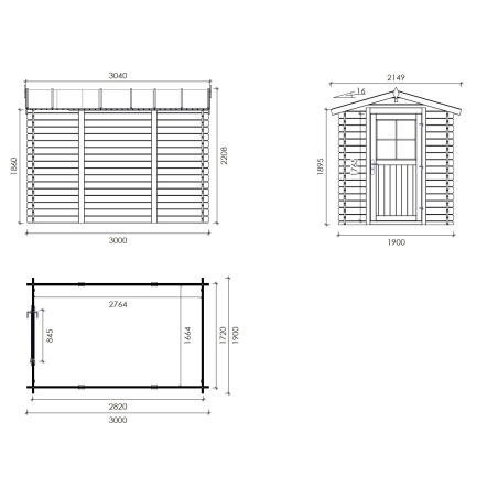 Gartenhaus, Gerätehaus 5.7m2 - 1.9x3m - 28mm