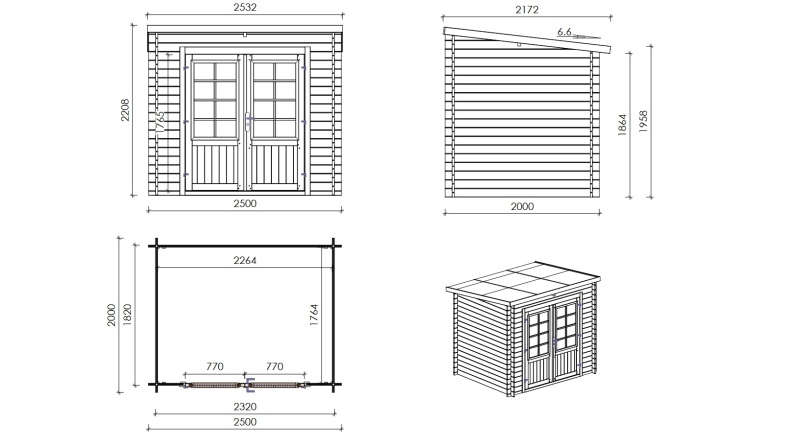 Gartenhaus, Gerätehaus 5m2 - 2.5x2m - 28mm - Imprägniert