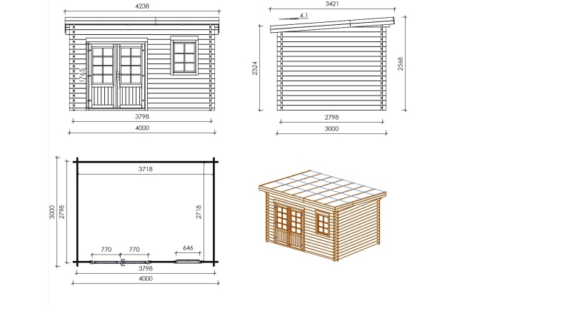 Gartenhaus, Gerätehaus 12m2 - 4x3m - 40mm - Imprägniert