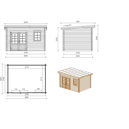 Gartenhaus, Gerätehaus 12m2 - 4x3m - 40mm - Imprägniert