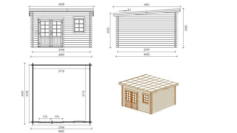 Gartenhaus, Gerätehaus 16m2 - 4x4m - 40mm - Imprägniert
