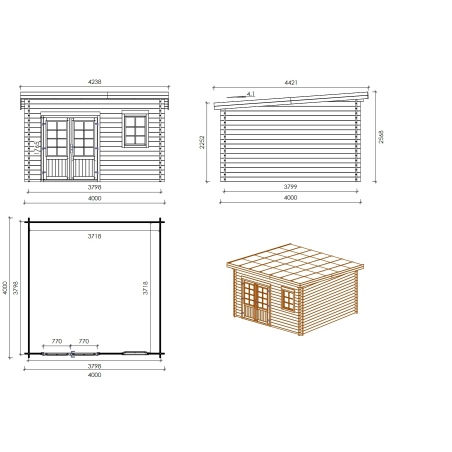 Gartenhaus, Gerätehaus 16m2 - 4x4m - 40mm - Imprägniert