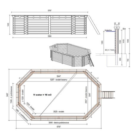 Pool NEMO 5.79 x 3.49 - H.1.45 m, hellblau, mit Stahlprofilen zum Einbetonieren