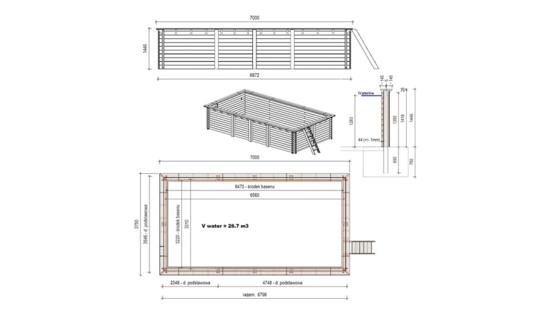 Pool AQUA 7 x 3.75 - H.1.45 m, hellblau, mit Stahlprofilen zum Einbetonieren