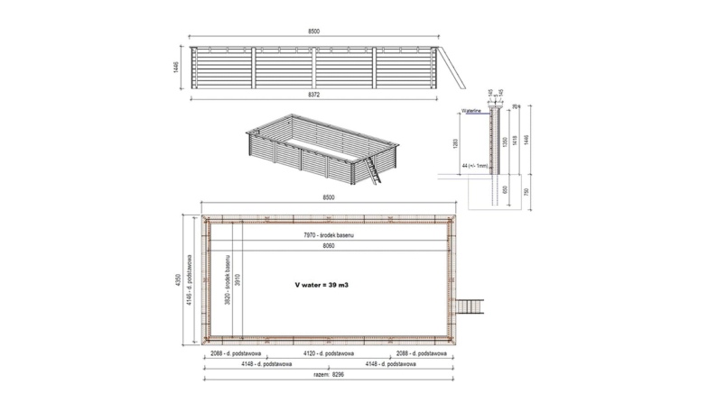 Pool AQUA 8.5 x 4.35 - H.1.45 m, hellblau, mit Stahlprofilen zum Einbetonieren
