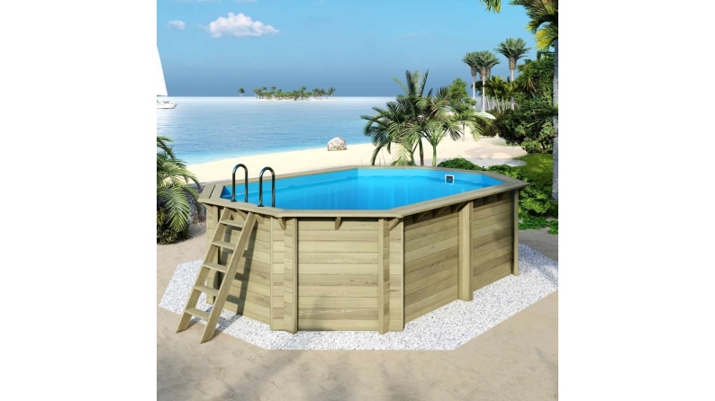 Pool NEMO 5.79 x 3.49 - H.1.45 m, hellblau, mit am Beton verschraubten Stahlprofilen