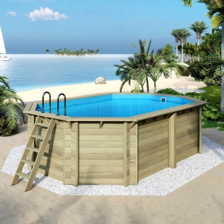 Pool NEMO 5.79 x 3.49 - H.1.45 m, hellblau, mit am Beton verschraubten Stahlprofilen