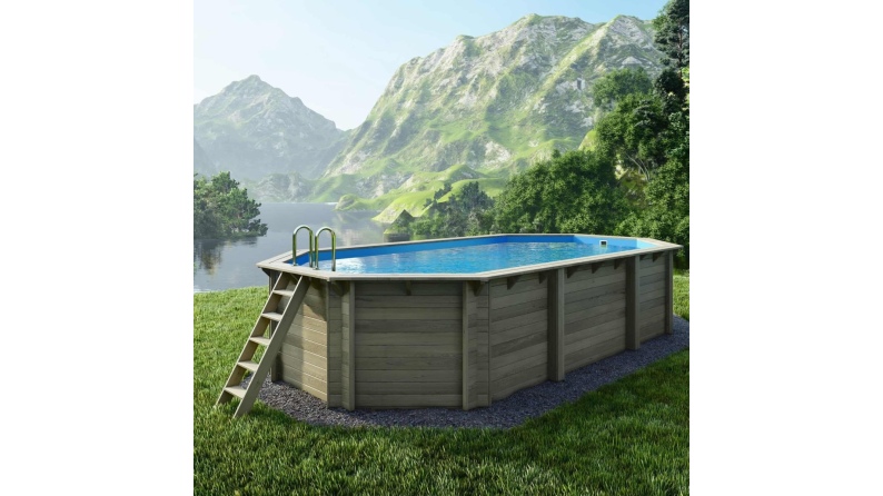 Pool NEMO 7.3 x 3.97 - H.1.45 m, hellblau, mit am Beton verschraubten Stahlprofilen