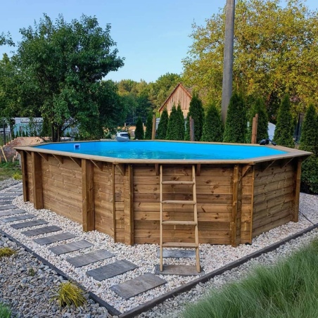 Pool NEMO 7.3 x 3.97 - H.1.45 m, hellblau, mit am Beton verschraubten Stahlprofilen