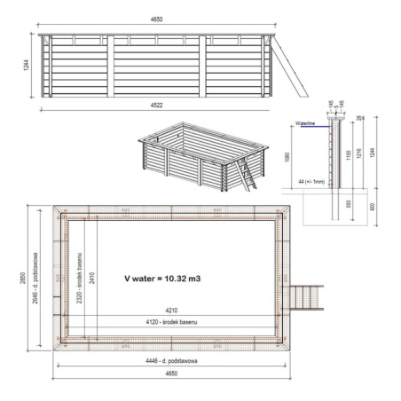 Holzpool AQUA 4.65x2.85 - H.1.24 m auf Rahmen ohne Betonierung