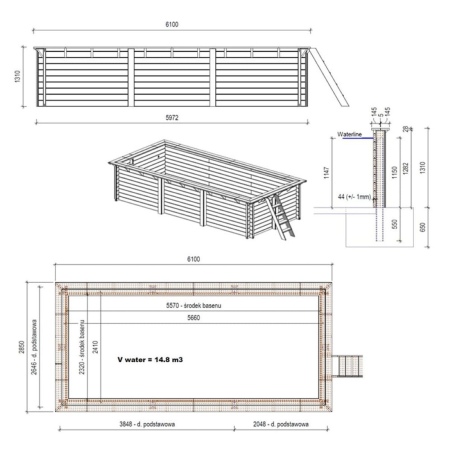 Pool AQUA 6.1 x 2.85 - H.1.31 m, hellblau, mit am Beton verschraubten Stahlprofilen