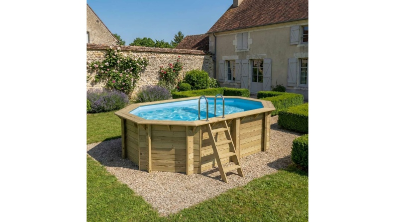 Pool NEMO 4.3 x 3 - H.1.18 m mit Liegefläche, hellblau, mit am Beton verschraubten Stahlprofilen
