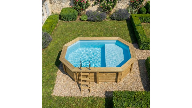 Pool NEMO 4.3 x 3 - H.1.18 m mit Liegefläche, hellblau, mit am Beton verschraubten Stahlprofilen