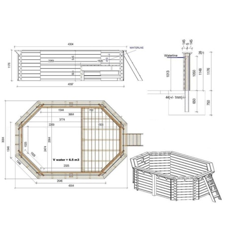 Pool NEMO 4.3 x 3 - H.1.18 m mit Liegefläche, hellblau, mit am Beton verschraubten Stahlprofilen