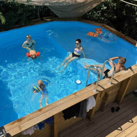 Pool NEMO 4.3 x 3 - H.1.18 m mit Liegefläche, hellblau, mit am Beton verschraubten Stahlprofilen