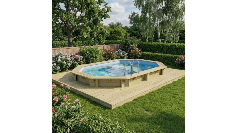 Pool NEMO 4.3 x 3 - H.1.18 m mit Liegefläche, hellblau, mit am Beton verschraubten Stahlprofilen