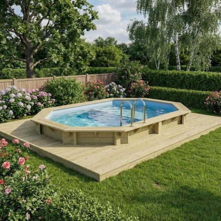 Pool NEMO 4.3 x 3 - H.1.18 m mit Liegefläche, hellblau, mit am Beton verschraubten Stahlprofilen