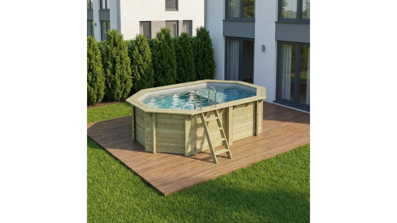 Pool NEMO 4.3 x 3 - H.1.18 m mit Liegefläche, grau, mit am Beton verschraubten Stahlprofilen