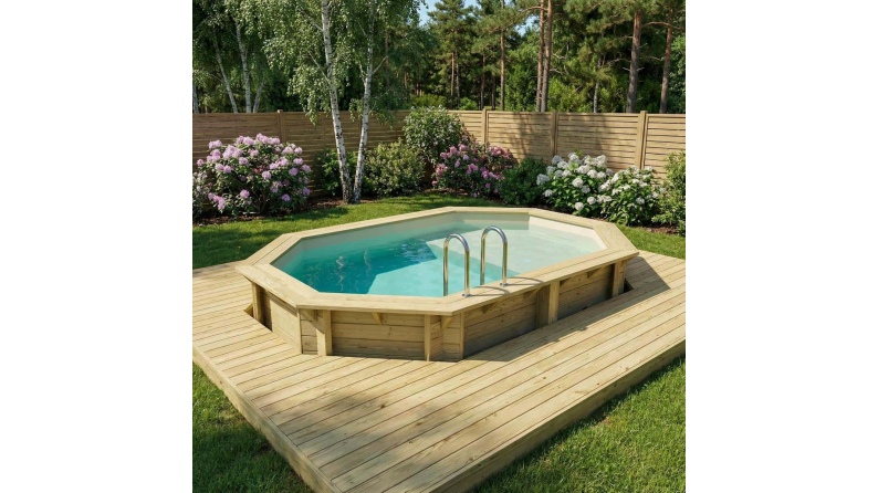 Pool NEMO 4.3 x 3 - H.1.18 m mit Liegefläche, sandfarben, mit am Beton verschraubten Stahlprofilen