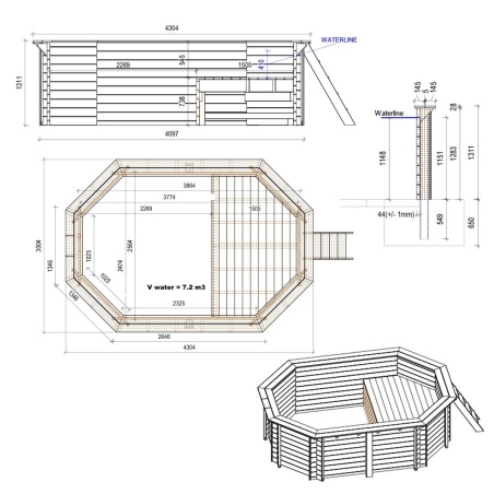 Pool NEMO 4.3 x 3 - H.1.31 m mit Liegefläche, hellblau, mit Stahlprofilen zum Einbetonieren