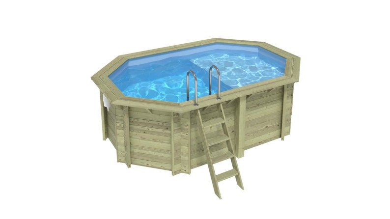 Pool NEMO 4.3 x 3 - H.1.31 m mit Liegefläche, hellblau, mit am Beton verschraubten Stahlprofilen