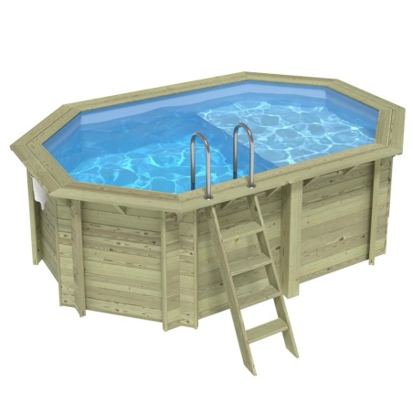 Pool NEMO 4.3 x 3 - H.1.31 m mit Liegefläche, hellblau, mit am Beton verschraubten Stahlprofilen