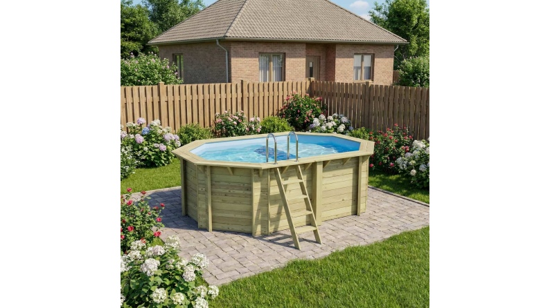 Pool NEMO 4.3 x 3 - H.1.31 m mit Liegefläche, hellblau, mit am Beton verschraubten Stahlprofilen