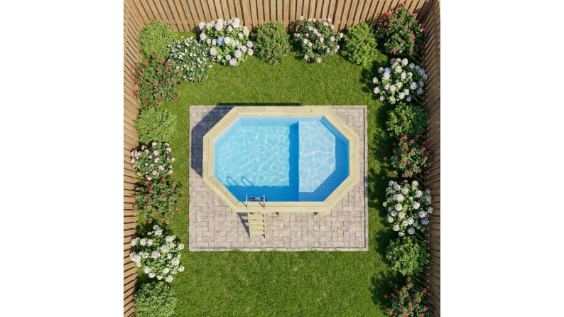 Pool NEMO 4.3 x 3 - H.1.31 m mit Liegefläche, hellblau, mit am Beton verschraubten Stahlprofilen