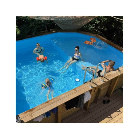 Pool NEMO 4.3 x 3 - H.1.31 m mit Liegefläche, hellblau, mit am Beton verschraubten Stahlprofilen