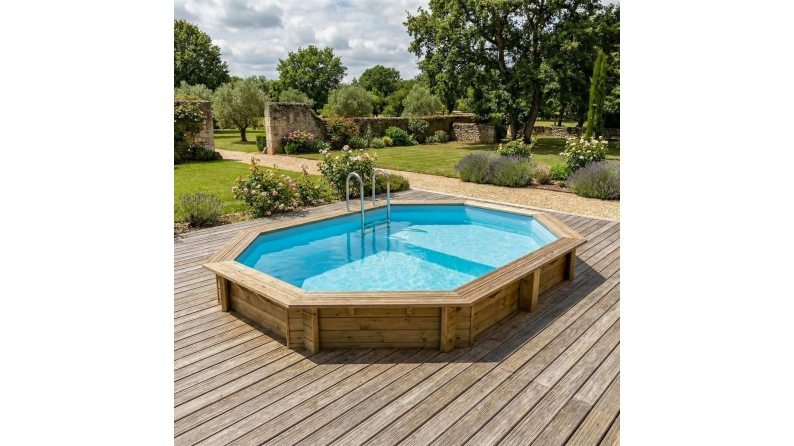 Pool NEMO 4.3 x 3 - H.1.31 m mit Liegefläche, hellblau, mit am Beton verschraubten Stahlprofilen