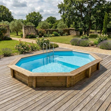 Pool NEMO 4.3 x 3 - H.1.31 m mit Liegefläche, hellblau, mit am Beton verschraubten Stahlprofilen