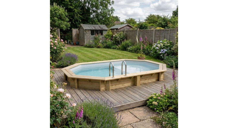 Pool NEMO 4.3 x 3 - H.1.31 m mit Liegefläche, grau, mit am Beton verschraubten Stahlprofilen