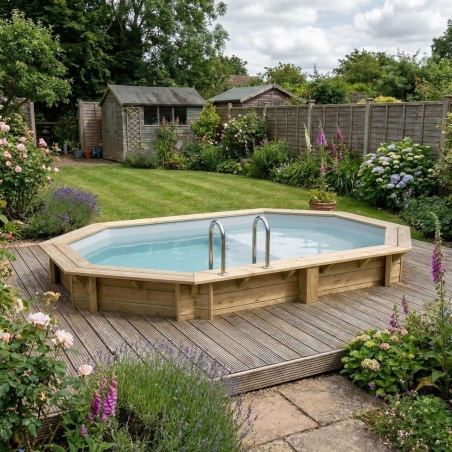 Pool NEMO 4.3 x 3 - H.1.31 m mit Liegefläche, grau, mit am Beton verschraubten Stahlprofilen