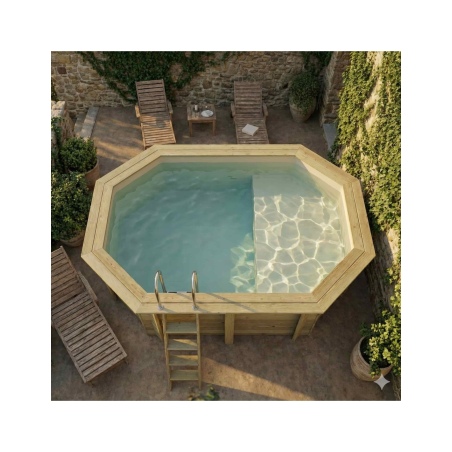 Pool NEMO 4.3 x 3 - H.1.31 m mit Liegefläche, sandfarben, mit am Beton verschraubten Stahlprofilen