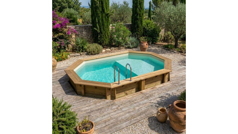 Pool NEMO 4.3 x 3 - H.1.31 m mit Liegefläche, sandfarben, mit am Beton verschraubten Stahlprofilen