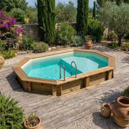 Pool NEMO 4.3 x 3 - H.1.31 m mit Liegefläche, sandfarben, mit am Beton verschraubten Stahlprofilen