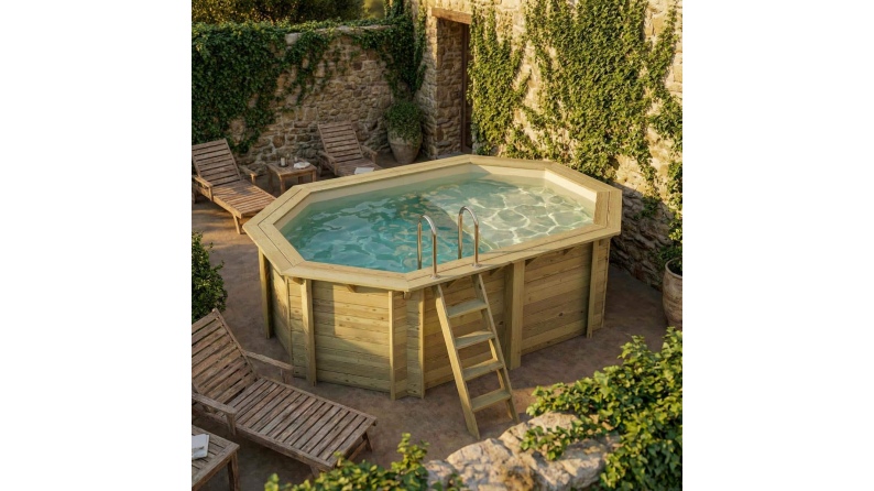 Pool NEMO 4.3 x 3 - H.1.31 m mit Liegefläche, sandfarben, auf Rahmen - ohne Betonieren
