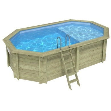 Pool NEMO 5.79 x 3.49 - H.1.45 m mit Liegefläche, hellblau, mit am Beton verschraubten Stahlprofilen