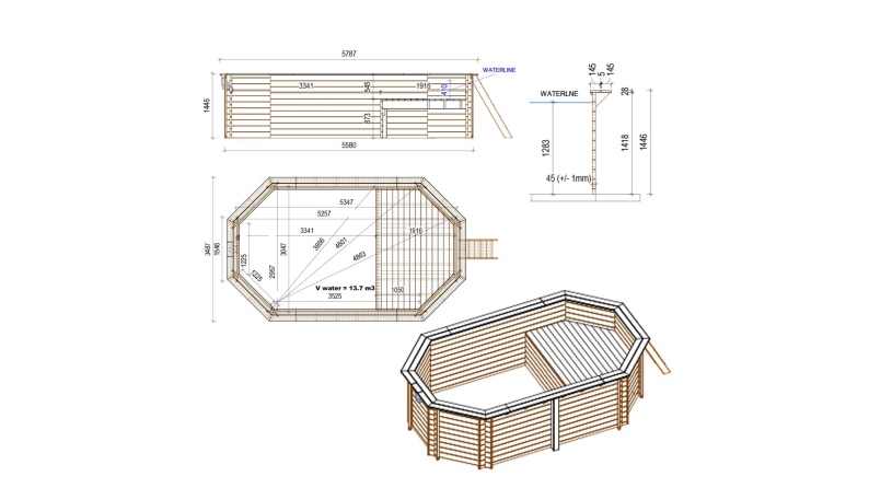 Pool NEMO 5.79 x 3.49 - H.1.45 m mit Liegefläche, grau, mit am Beton verschraubten Stahlprofilen