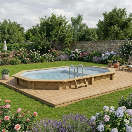 Pool NEMO 5.79 x 3.49 - H.1.45 m mit Liegefläche, grau, mit am Beton verschraubten Stahlprofilen
